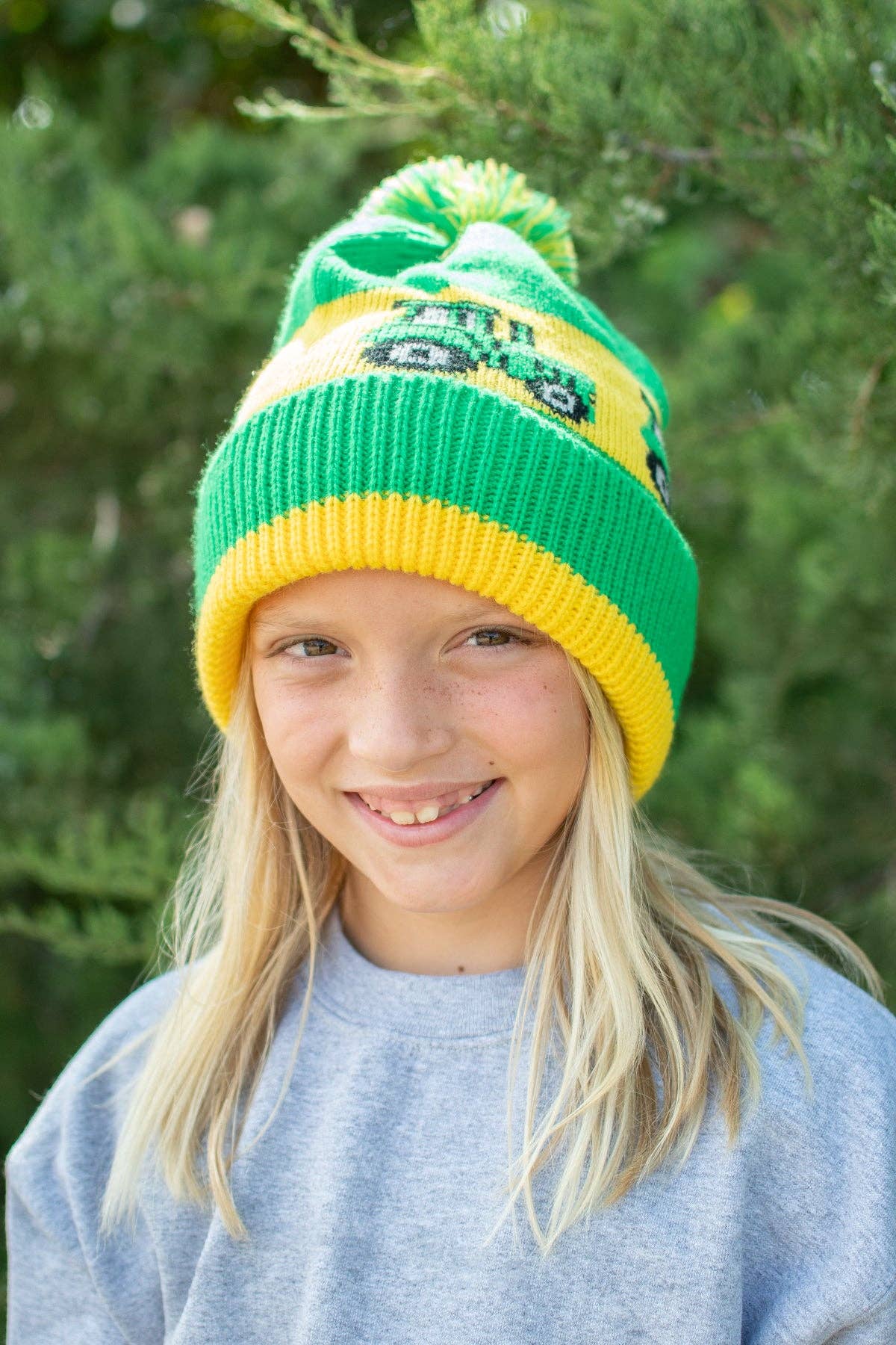 Youth Green Tractor Knit Pom Beanie