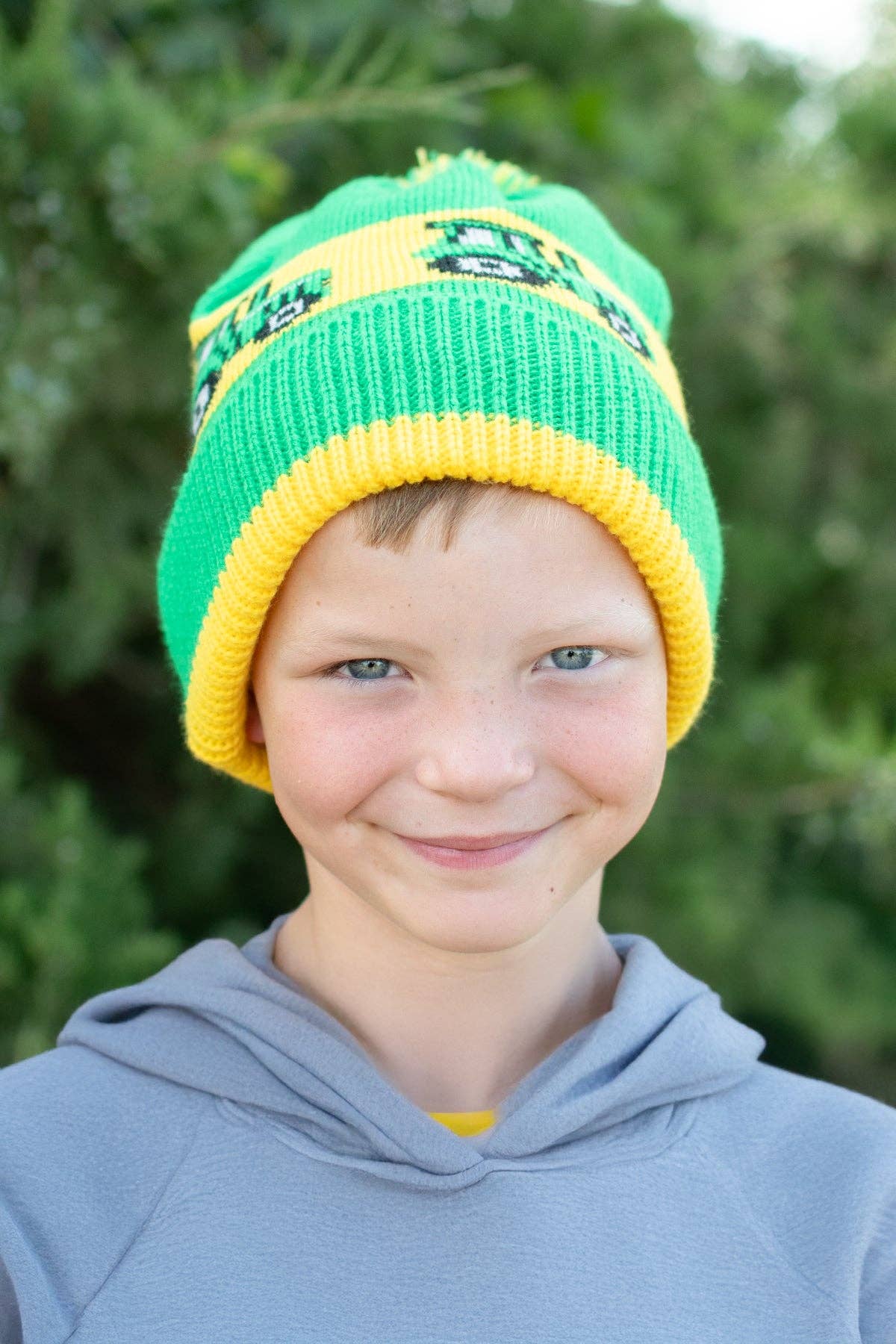 Youth Green Tractor Knit Pom Beanie