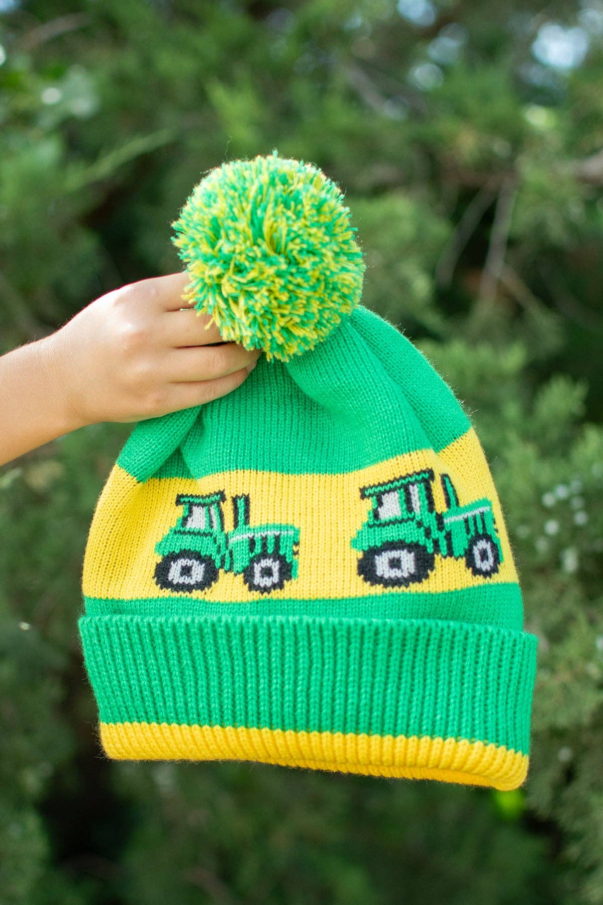 Youth Green Tractor Knit Pom Beanie