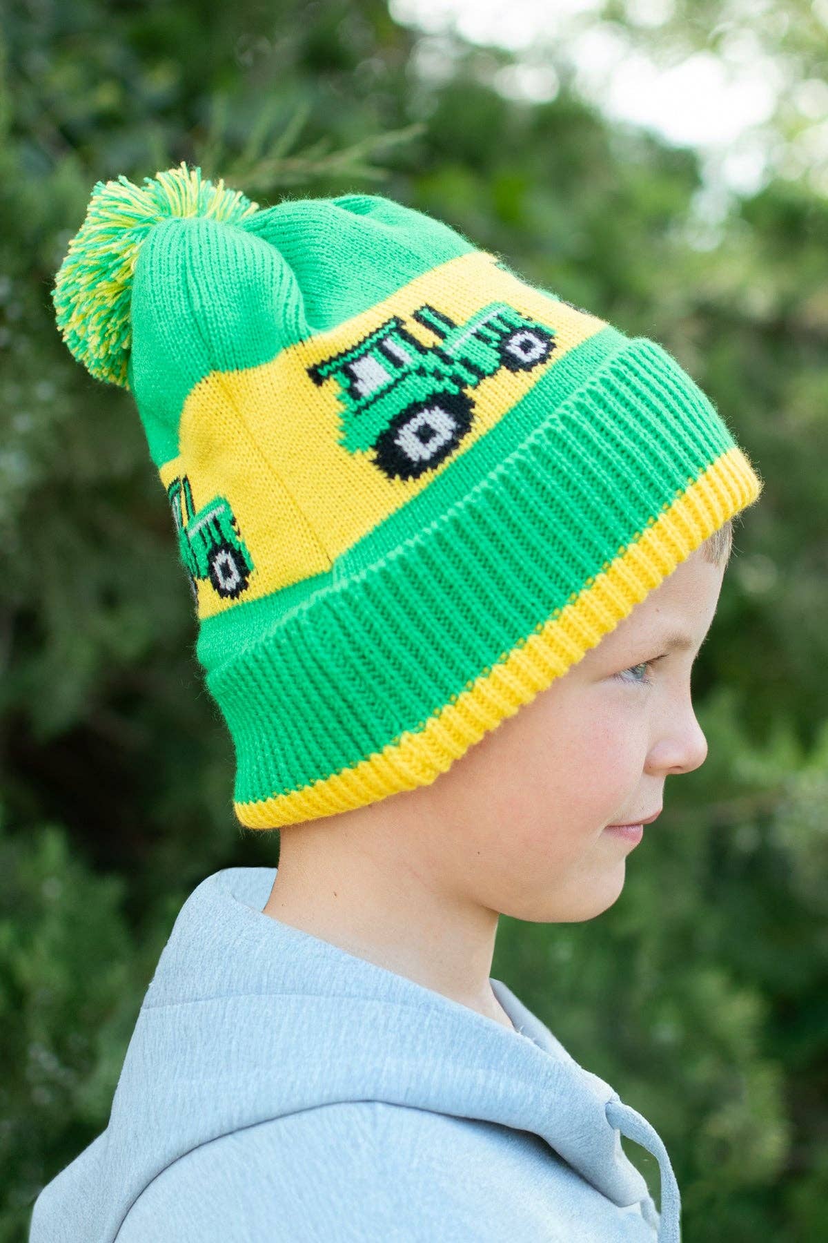 Youth Green Tractor Knit Pom Beanie