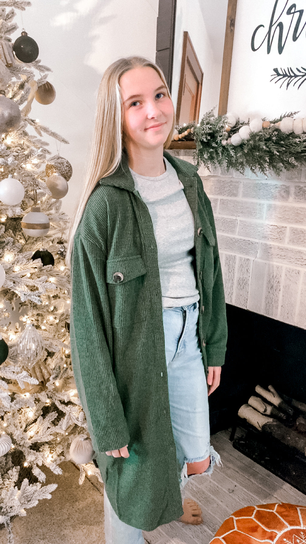 Long Green Ribbed Shacket