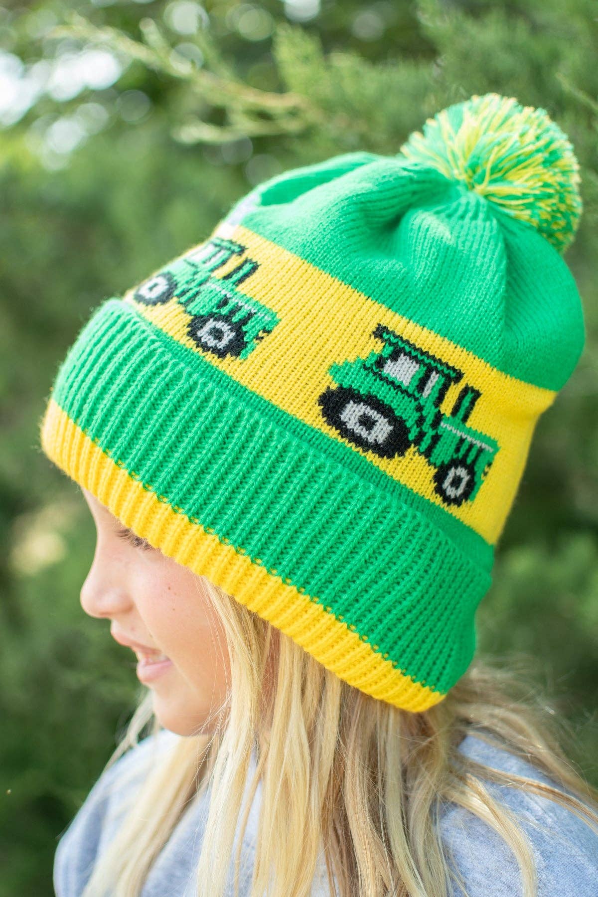 Youth Green Tractor Knit Pom Beanie