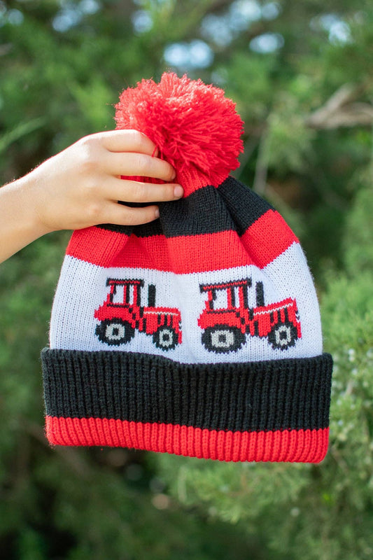 Youth Red Tractor Knit Pom Beanie
